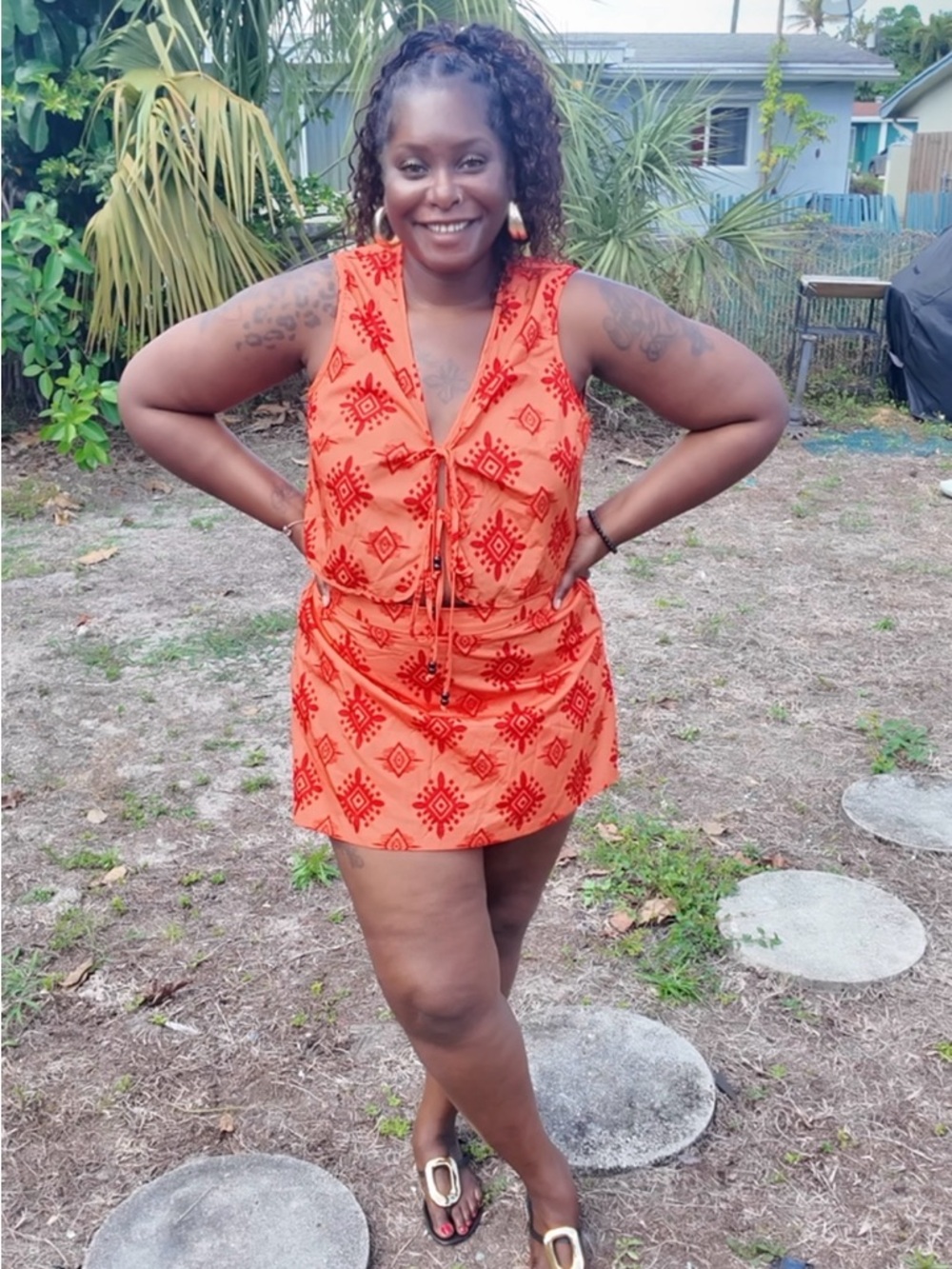 Orange Aztec Print Tie-Front Short  Two Piece Set